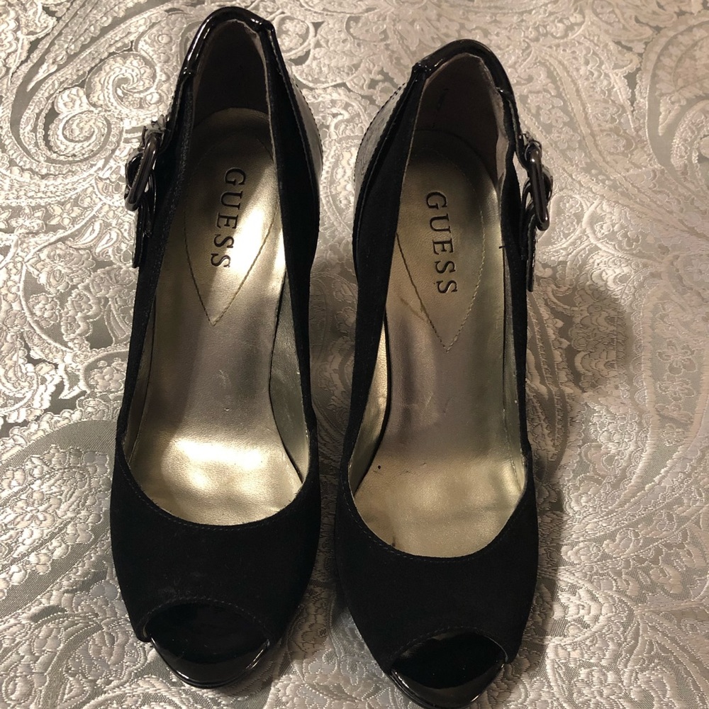 Guess black suede peep toe heels